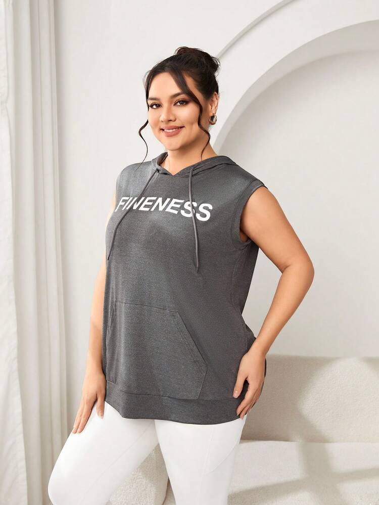 SHEIN Sports Sudadera Deportiva Sin Mangas Con Capucha, Talla Grande Con Estampado De Letras Y Cordón - Gris - Añade 3