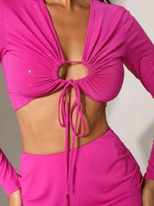 SHEIN Unity 1set Women Sexy Solid V-Neck Hollow Knotted Front Cropped Top & Mini Skirt Set - Hot Pink - View 7
