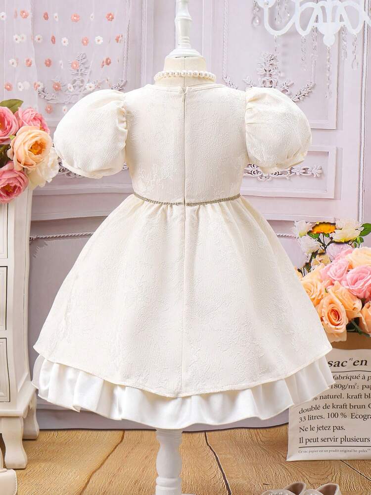 Young Girl's Round Neck Puff Short Sleeve Multi-Layer Ruffled Hem Dress