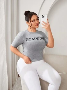 SHEIN Sports Plus Size Letter Printed Sports T-Shirt - Grey - View 3