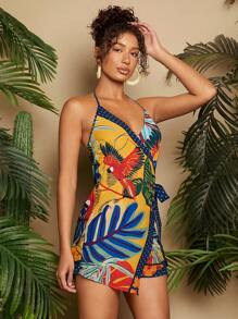 Travachic Mono De Estilo De Vacaciones De Mujer Con Cuello Halter Envuelto Y Atado Con Estampado De Plantas - Multicolor - Ver 5