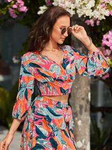 SHEIN VCAY Vacation Plants Printed Cropped Shirt