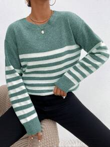 EURMUSE Vòng cổ Thả vai Sọc Áo len - Màu xanh Ô liu - Xem 3