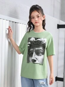 SHEIN Tween Girl Statue 印花寬鬆圓領短袖 T 卹 - 薄荷綠 - 查看 3