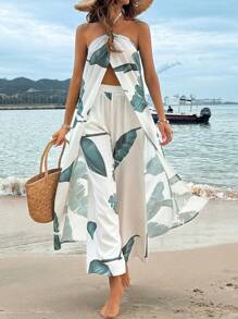 Breezaya Conjunto de dos piezas con top halter de corte alto con estampado de planta tropical y pantalón ancho de cintura elástica para primavera y verano - Multicolor - Ver 4