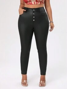 Allurite Plus Size Black Coated Skinny Button Fly Stretchy Pants With Ankle Length - Black - View 4