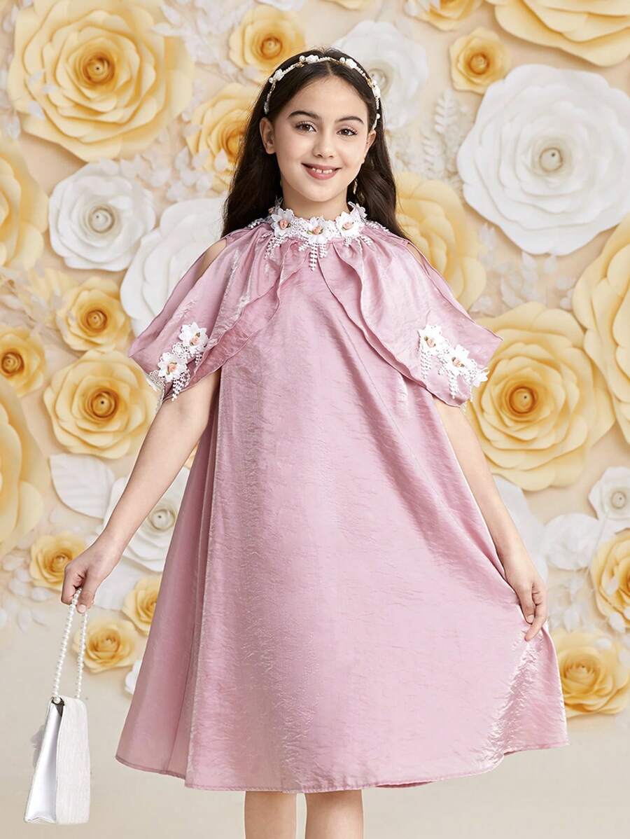 SHEIN Tween Girls' 3d Lace Embellished Peter Pan Collar A-Line Dress - Pink - View 1