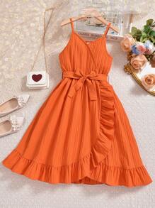 SHEIN Vestido De Tirantes De Espaguetis De Tela Naranja Con Textura Para Chicas Preadolescentes - Naranja Quemada - Ver 1