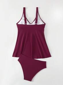 SHEIN Swim Summer Ladies' Plain Tankini Set - Burgundy - View 8