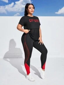 SHEIN Sports Plus Size Contrast Color & Printed Mesh Contrast Sports Suit Workout Women Set - Multicolor - View 3