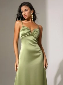 Anewsta 女士纯色细肩带无袖连衣裙 - 綠色 - 查看 3