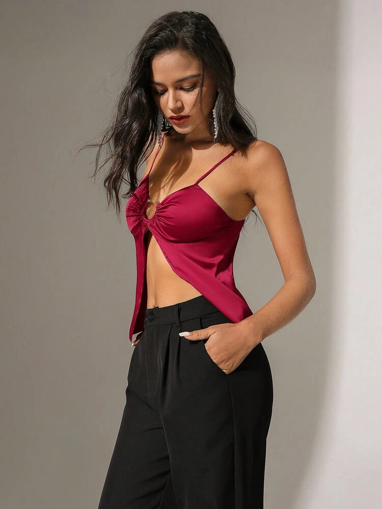 Solid Color Thin Strap Slit Hem Camisole
