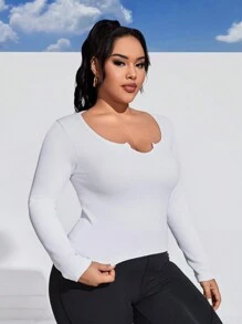 Easithlete Plus Size Solid Color V-Neck High Elastane Sport T-Shirt - White - View 5