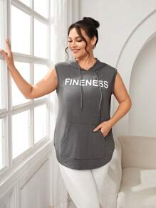 SHEIN Sports Plus Size Sleeveless Hooded Letter Print Drawstring Sports Sweatshirt - Grey - View 6