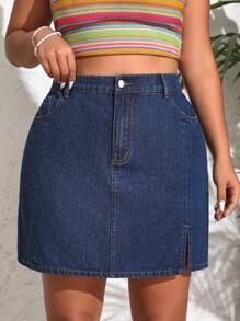 Breezaya 大尺碼牛仔布非彈性性感迷你裙 - 藍色 - 查看 1