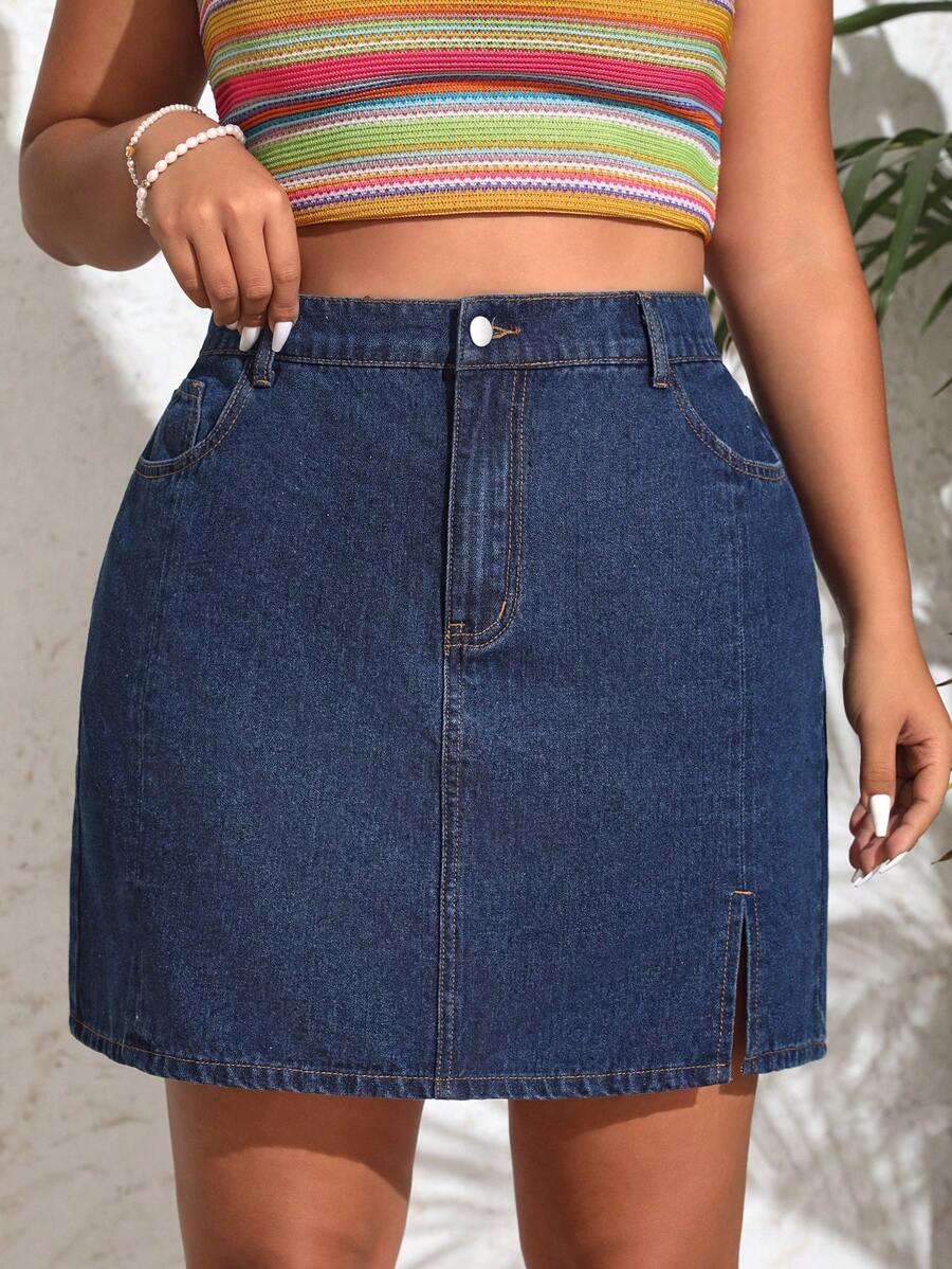 Breezaya 大尺碼牛仔布非彈性性感迷你裙 - 藍色 - 查看 1