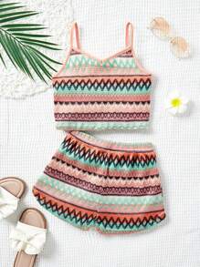 SHEIN Tween Girl Knitted Jacquard Cami Top + Elastic Waist Shorts Vacation Outfit