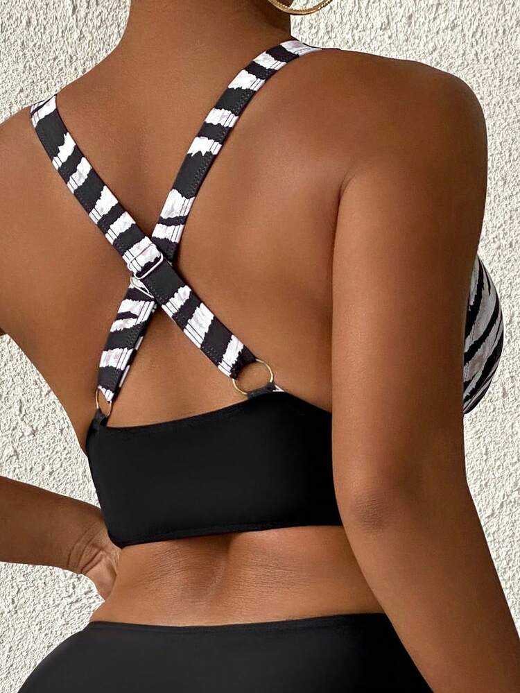 Women's Zebra Pattern Printed Splice Spaghetti Straps Solid Color Triangle Brief Swimwear Set, Beach Outfit Tankini Set Bathing Suit Music Festival Summer