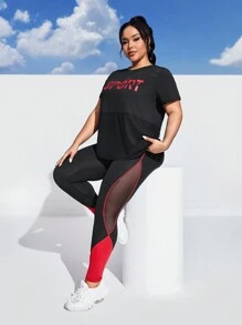 SHEIN Sports Plus Size Contrast Color & Printed Mesh Contrast Sports Suit Workout Women Set - Multicolor - View 4