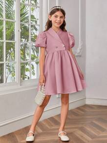 SHEIN 十幾歲女孩的織物純色泡泡袖正式裙 - 藕粉色 - 查看 6