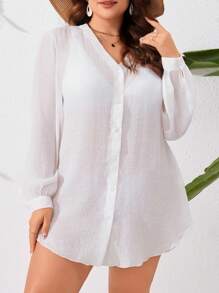 Swim Lushoire Summer Beach Plus Size Solid Color Kimono With Front Buckle Closure And Lantern Sleeve - White - View 6