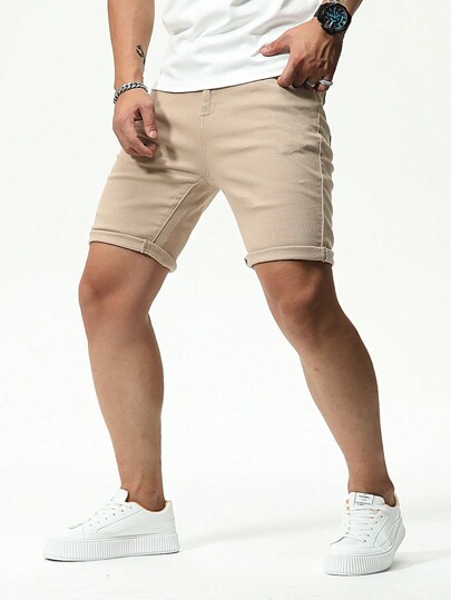 Chillumni Pantaloni scurți casual din denim de culoare uni pentru bărbați Jorts Unii Kaki Vacation Vintage