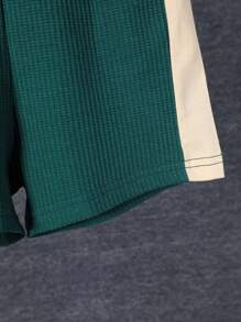 SHEIN Young Boys' Color-Contrasting Polo Shirt With Letter Patch And Shorts Set - Dark Green - View 4