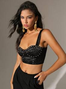 Zolique Top court sans manches de couleur unie avec rivets et strass - Noir - Voir 1