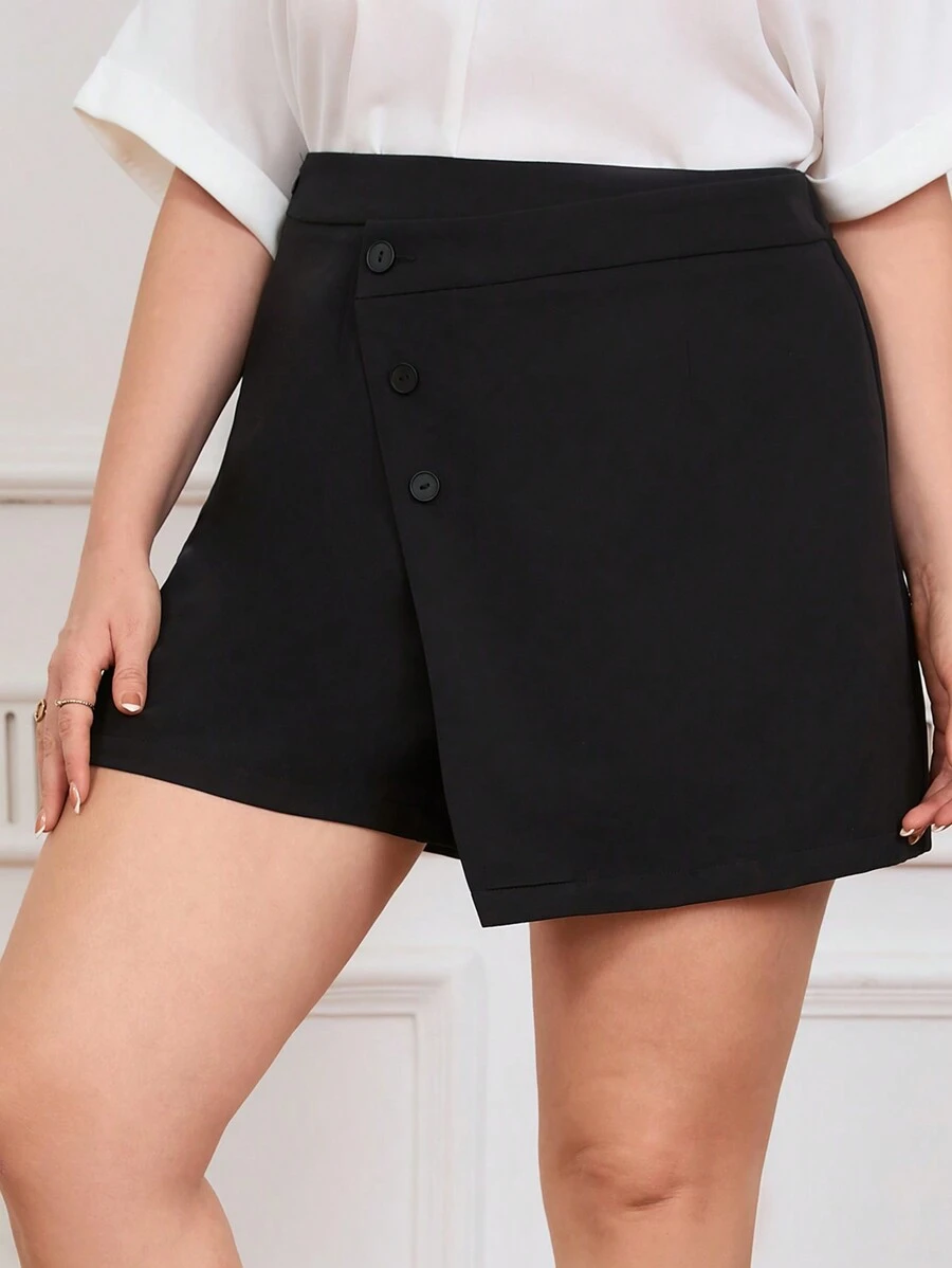 SHEIN Frenchy 大尺碼純色假套裙，前扣式設計 - 黑色 - 查看 1