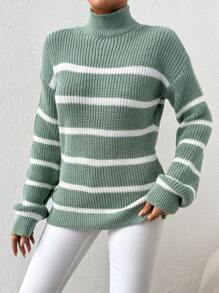 SHEIN Cottnline Casual Colorblock Striped Stand Collar Sweater, Autumn/Winter - Green - View 3