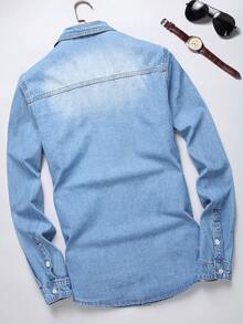 Manfinity Homme Men's Flap Pocket Denim Shirt - Light Wash - View 2