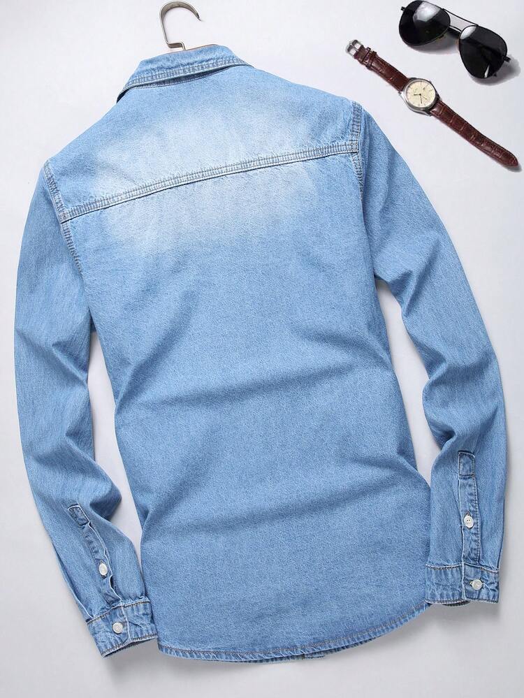 Manfinity Homme Men's Flap Pocket Denim Shirt - Light Wash - View 2