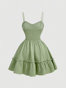 SHEIN MOD Của phụ nữ Màu thuần Ren Vá lại Dây đeo Mì Ý  Đầm - màu xanh lá - Xem 4