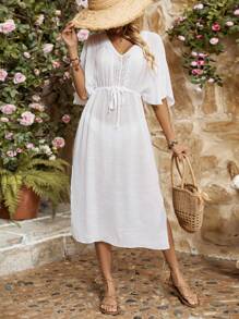 Breezaya Women's V-Neck Batwing Sleeve Drawstring Waist Dress - White - View 4