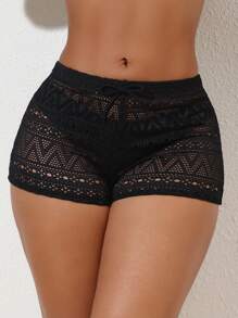 Swim Basics Summer Beach Women's Fashionable Black Hollow Out Pants Cover Up - Black - View 6