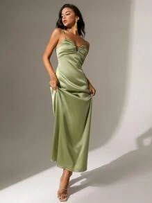 Anewsta 女士纯色细肩带无袖连衣裙 - 綠色 - 查看 5