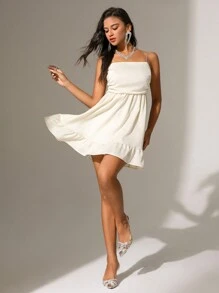 Zolique Women's Solid Color Spaghetti Strap Sleeveless Backless Dress - Beige - View 3