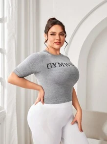 SHEIN Sports Plus Size Letter Printed Sports T-Shirt - Grey - View 6