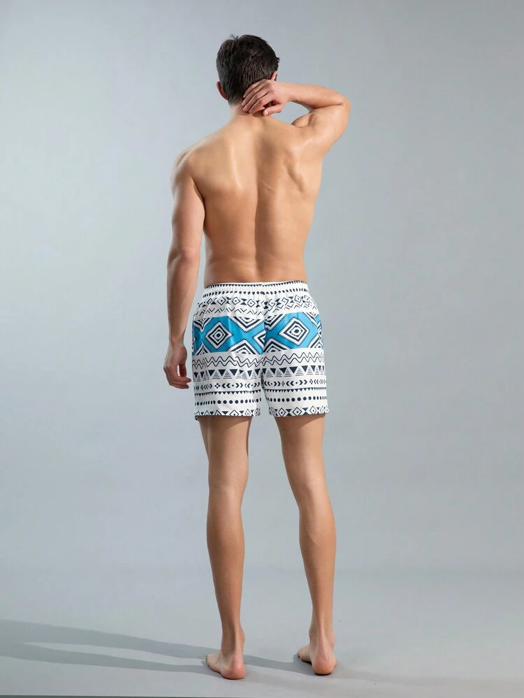 Men's Retro Printed Beach Shorts With Elastic Waistband And Drawstring