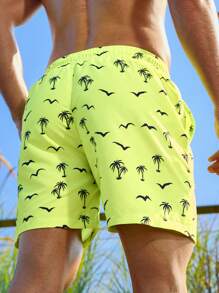 Zalmeno Men's Elastic Waist Coconut Tree Printed Beach Shorts - Green - View 2
