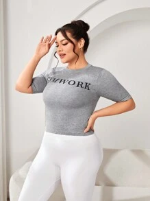 SHEIN Sports Plus Size Letter Printed Sports T-Shirt - Grey - View 7