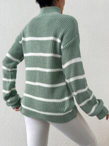 SHEIN Cottnline Casual Colorblock Striped Stand Collar Sweater, Autumn/Winter - Green - View 5