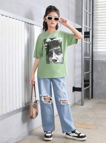 SHEIN Tween Girl Statue 印花寬鬆圓領短袖 T 卹 - 薄荷綠 - 查看 4