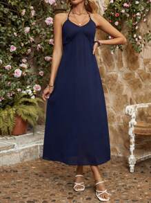 Breezaya Vestido De Cuello Halter De Un Solo Color - Azul Marino - Ver 5