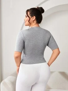 SHEIN Sports Plus Size Letter Printed Sports T-Shirt - Grey - View 2