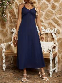 Breezaya Vestido De Cuello Halter De Un Solo Color - Azul Marino - Ver 4