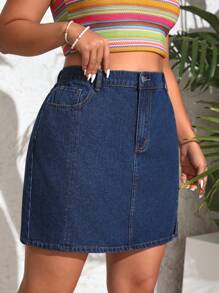 Breezaya 大尺碼牛仔布非彈性性感迷你裙 - 藍色 - 查看 4