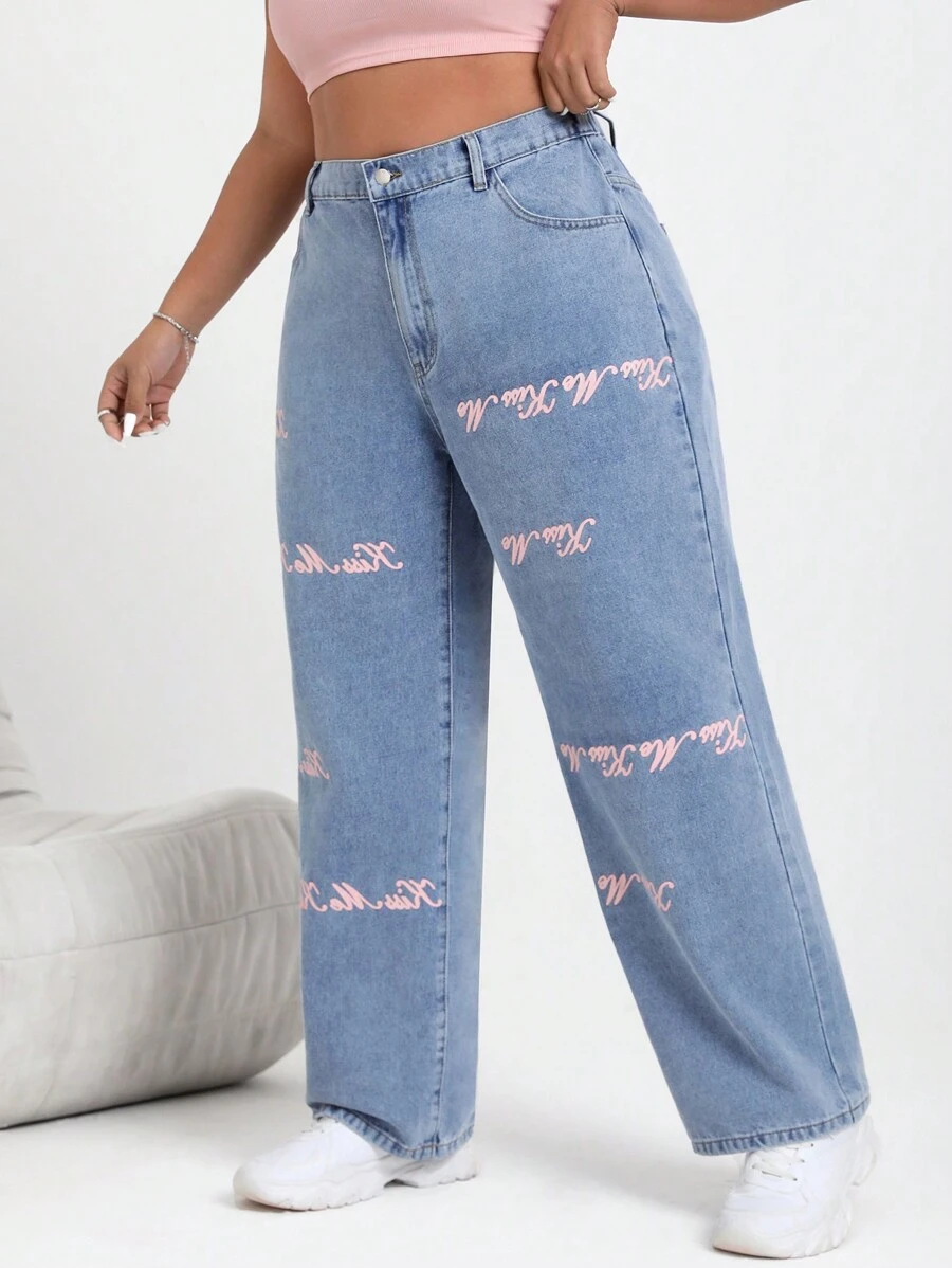SHEIN EZwear 大碼直腳花卉印花牛仔褲 - 中等水洗藍 - 查看 1