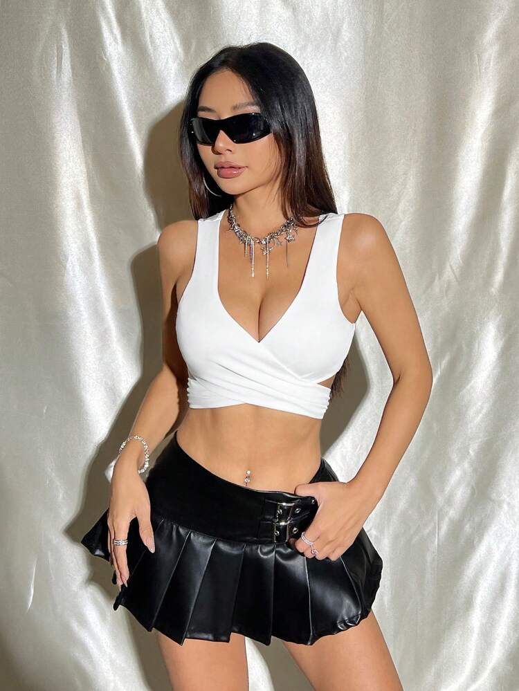 Women's Solid Color Crisscross Wrap And Hollow Out Tank Top