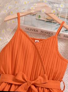SHEIN Vestido De Tirantes De Espaguetis De Tela Naranja Con Textura Para Chicas Preadolescentes - Naranja Quemada - Ver 3